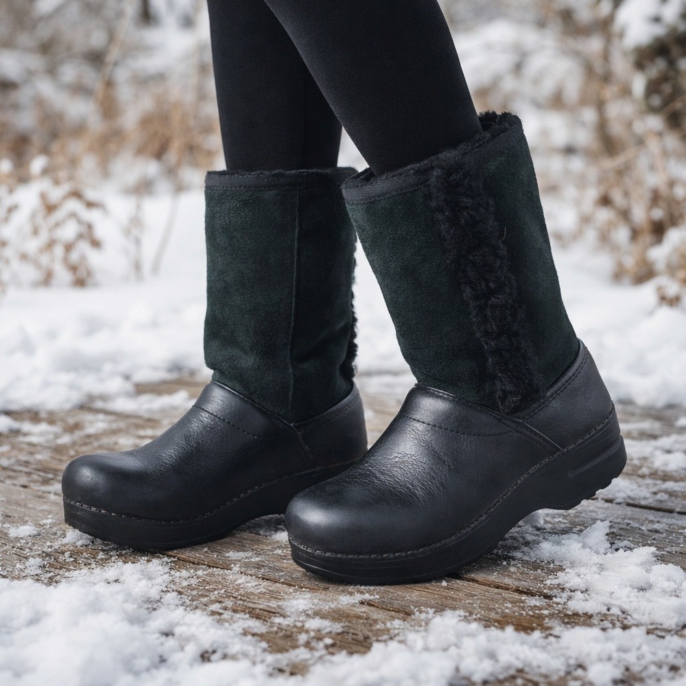 Dansko Mid Calf Winter Boots 6.5 Eu 37 Black Suede Shearling Clog Platform